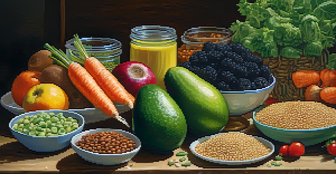 A colorful vegetarian meal spread on a wooden table, showcasing fresh fruits, vegetables, grains, and legumes under natural sunlight.