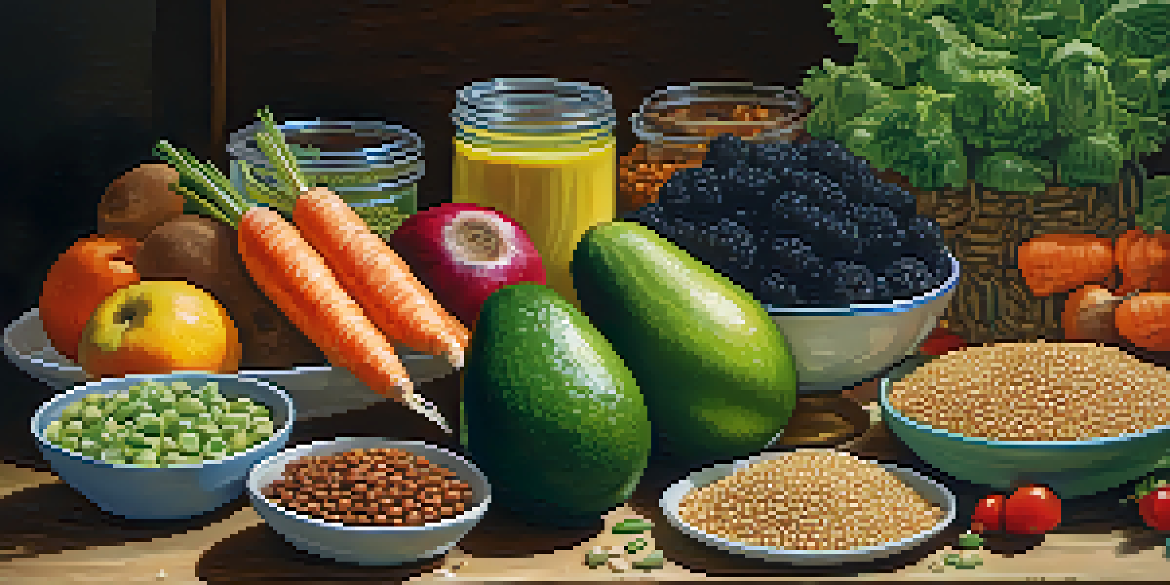 A colorful vegetarian meal spread on a wooden table, showcasing fresh fruits, vegetables, grains, and legumes under natural sunlight.