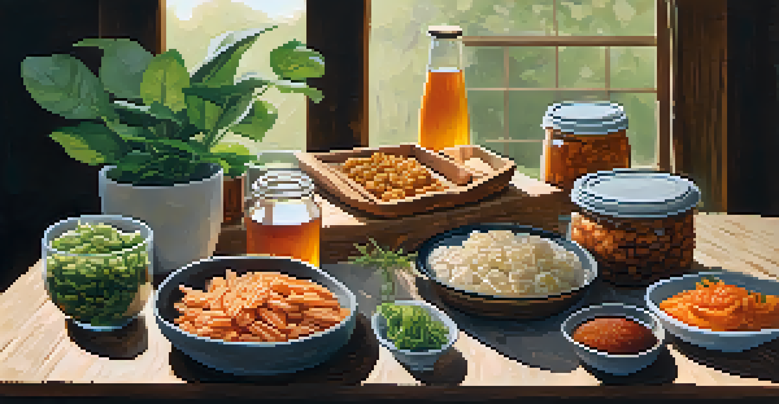 A rustic table setting featuring an assortment of plant-based fermented foods, highlighting their textures and colors.