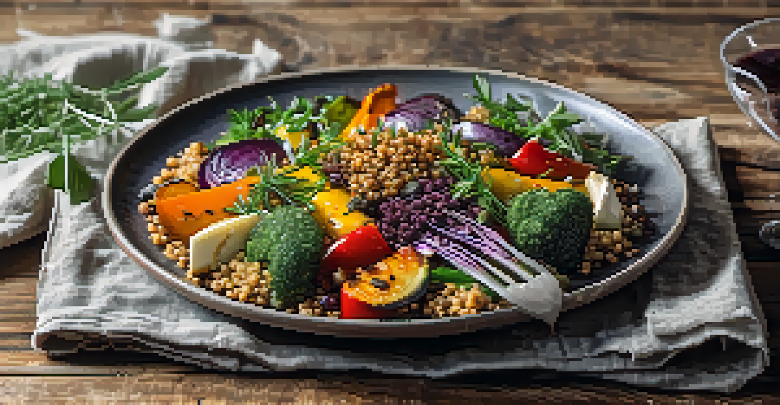 A close-up view of a colorful vegetarian dish plated artfully with roasted vegetables and quinoa on a wooden table.