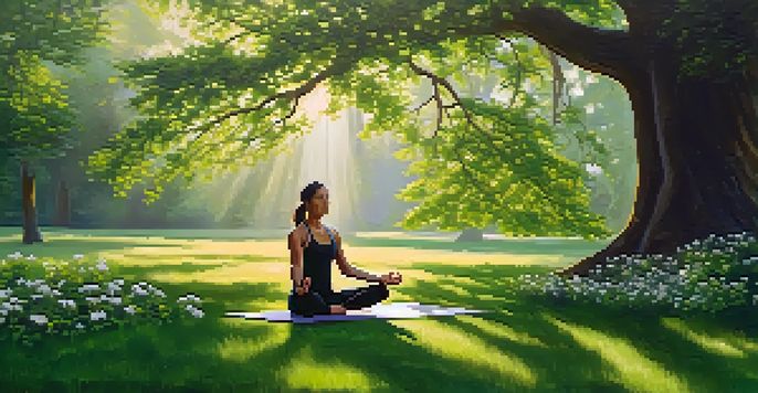 A person practicing yoga in a green park surrounded by flowers and trees, with sunlight filtering through the leaves.