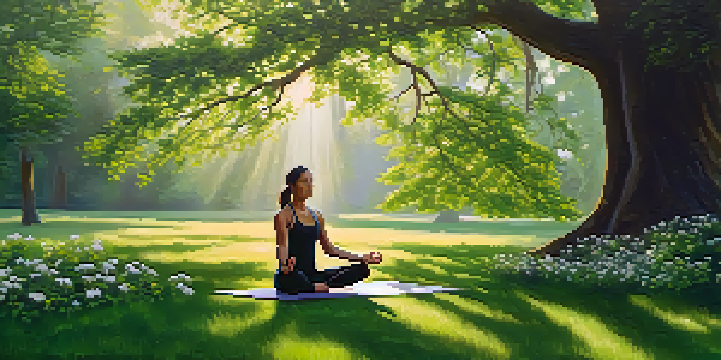 A person practicing yoga in a green park surrounded by flowers and trees, with sunlight filtering through the leaves.