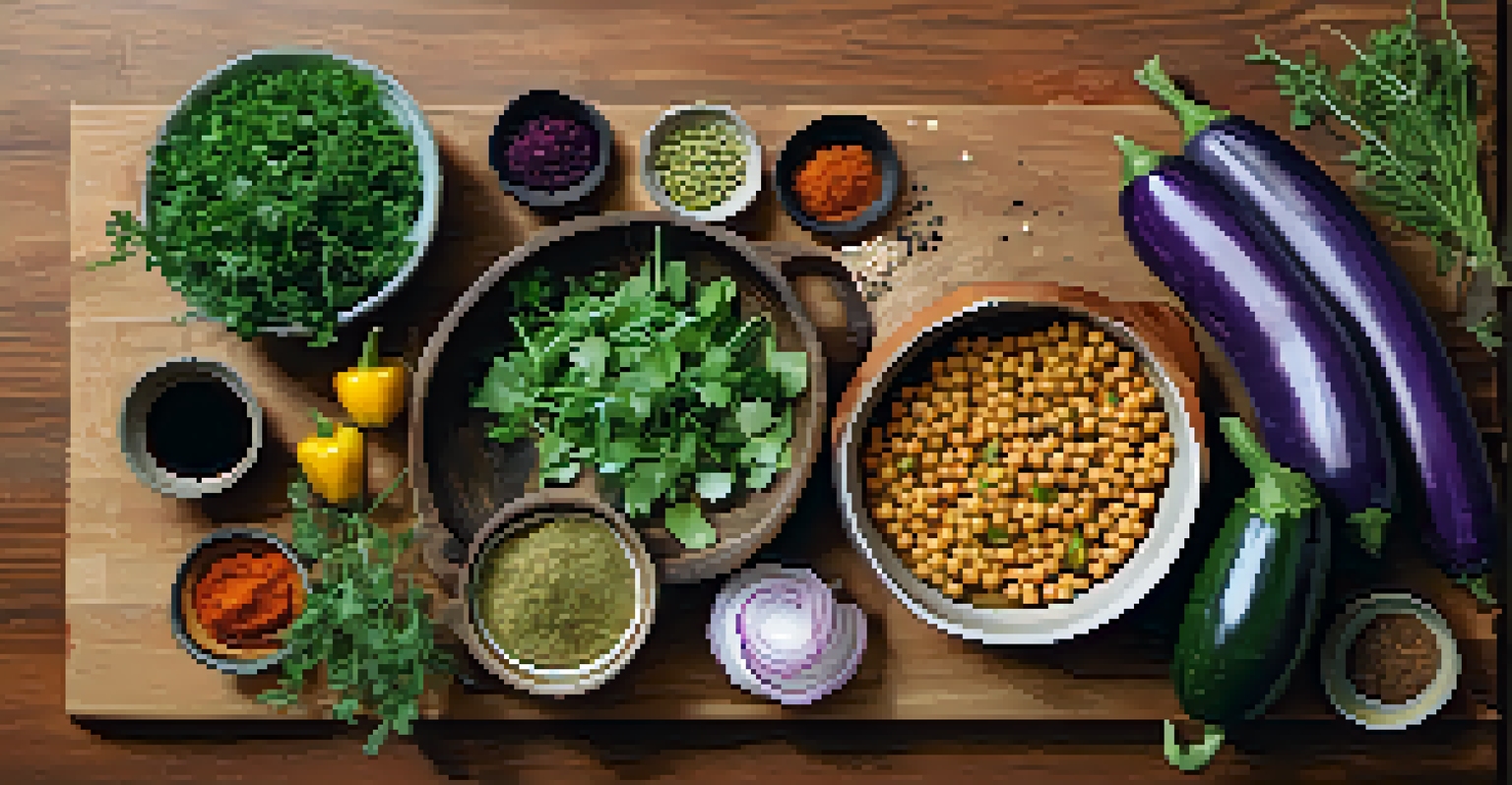 An overhead view of a kitchen counter with fresh vegetables and spices for a Middle Eastern meal.