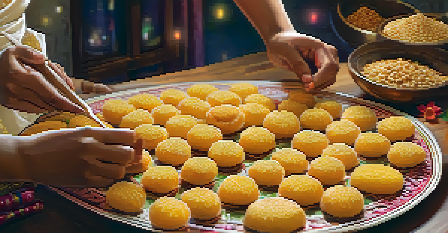 Hands preparing traditional Diwali sweets, showcasing the ingredients and cooking process.