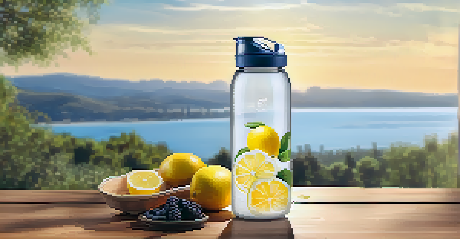 A reusable water bottle with a filter filled with water, surrounded by fresh fruits in a sunny outdoor setting.