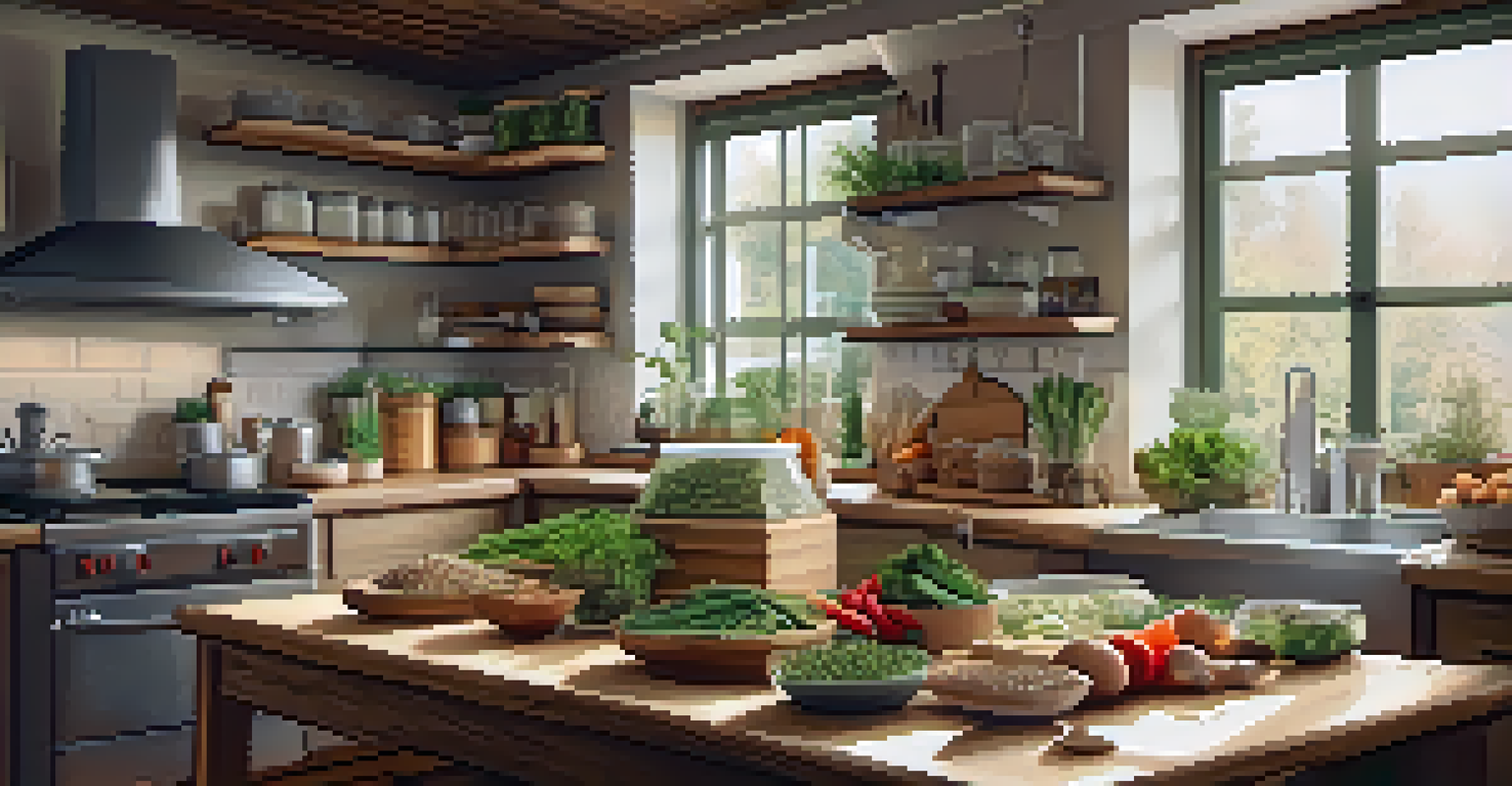 A kitchen table with meal prep ingredients arranged, including fresh greens and grains, along with a visible meal plan in warm natural light.