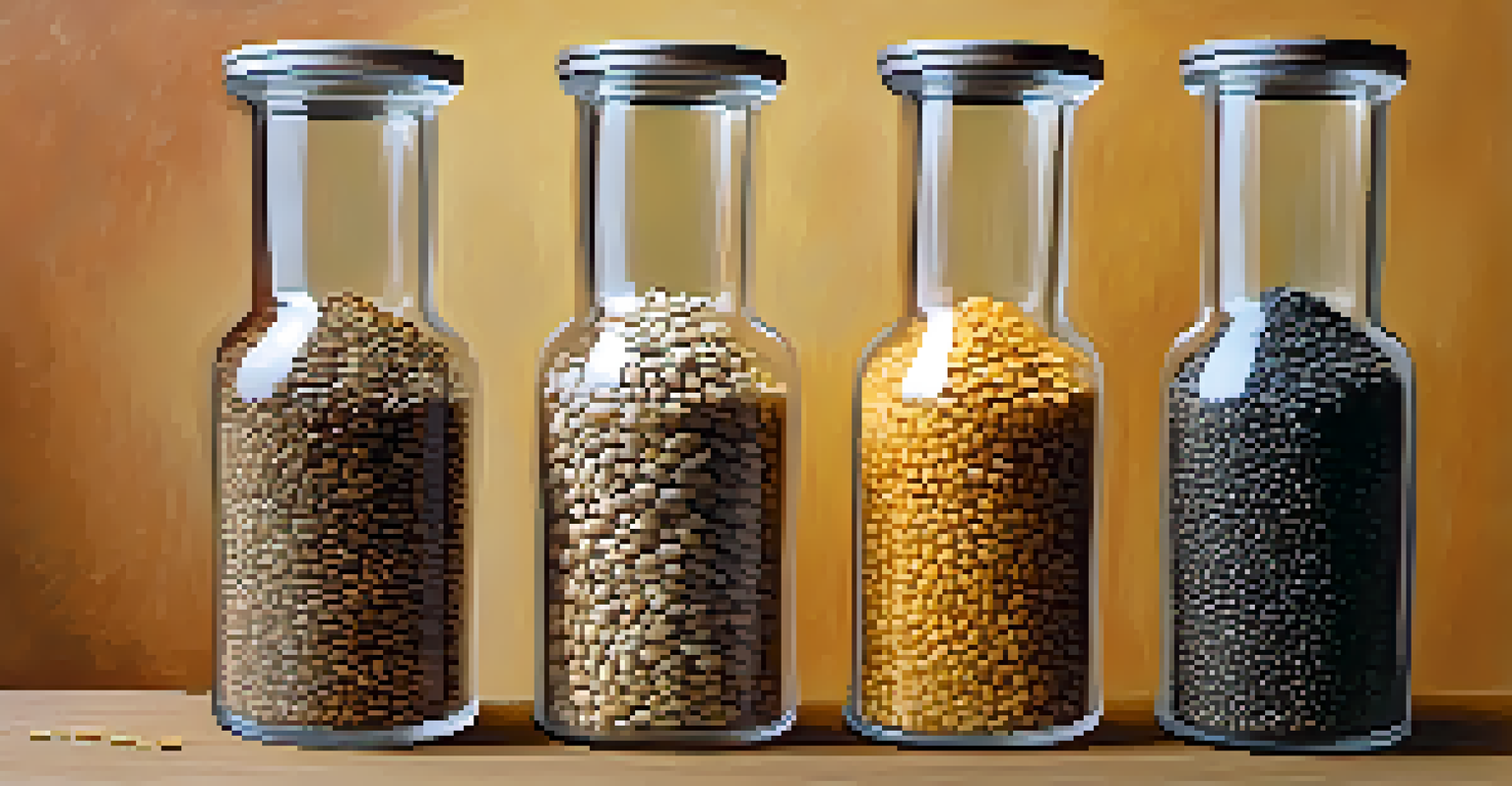 An artistic arrangement of various sprouted grains and seeds in glass containers on a wooden surface, with soft lighting.