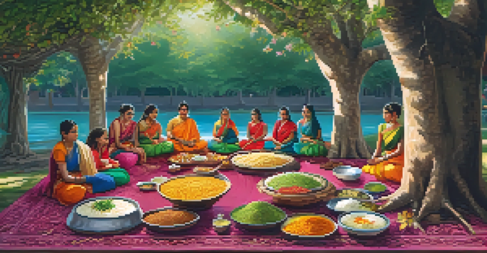 A traditional Indian vegetarian feast displayed on a mat under a banyan tree, featuring colorful dishes and warm sunlight filtering through the leaves.