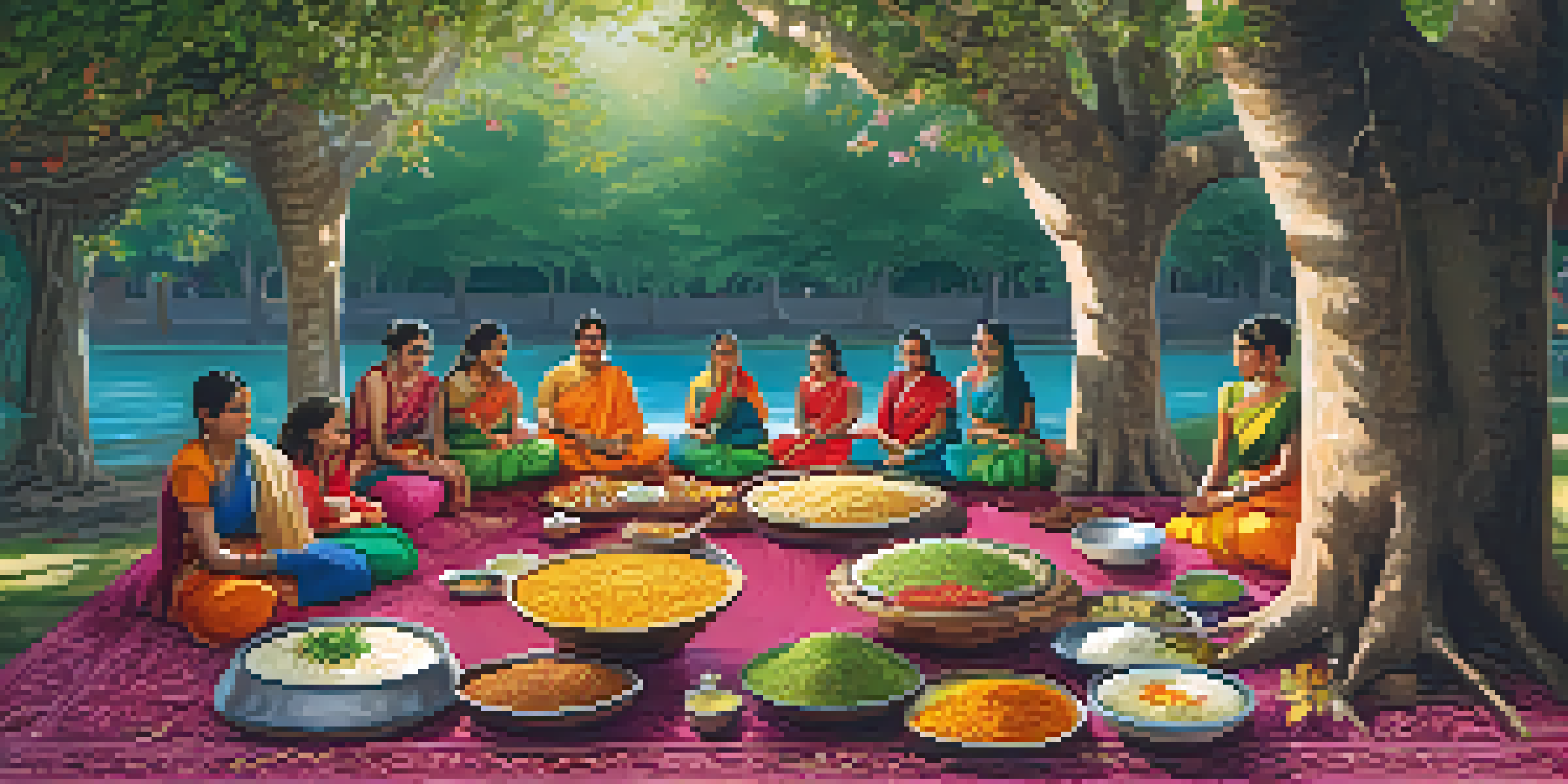 A traditional Indian vegetarian feast displayed on a mat under a banyan tree, featuring colorful dishes and warm sunlight filtering through the leaves.