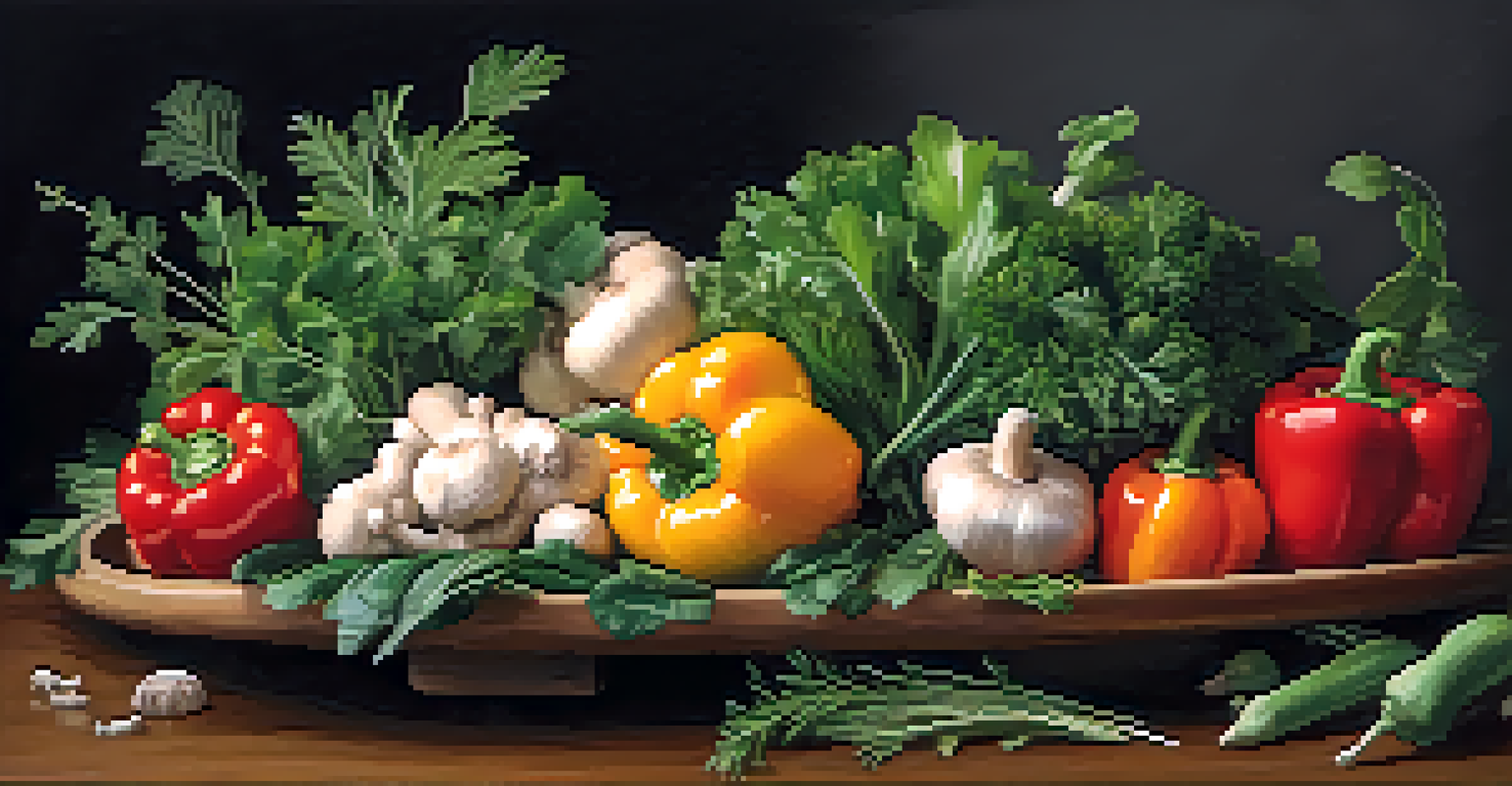 A close-up of a beautifully arranged vegetable platter featuring colorful mushrooms, bell peppers, and greens on a dark slate background.