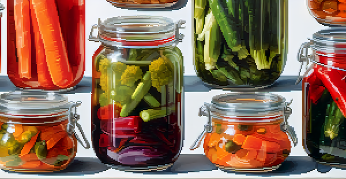 A close-up view of a jar of colorful pickled vegetables against a white background.
