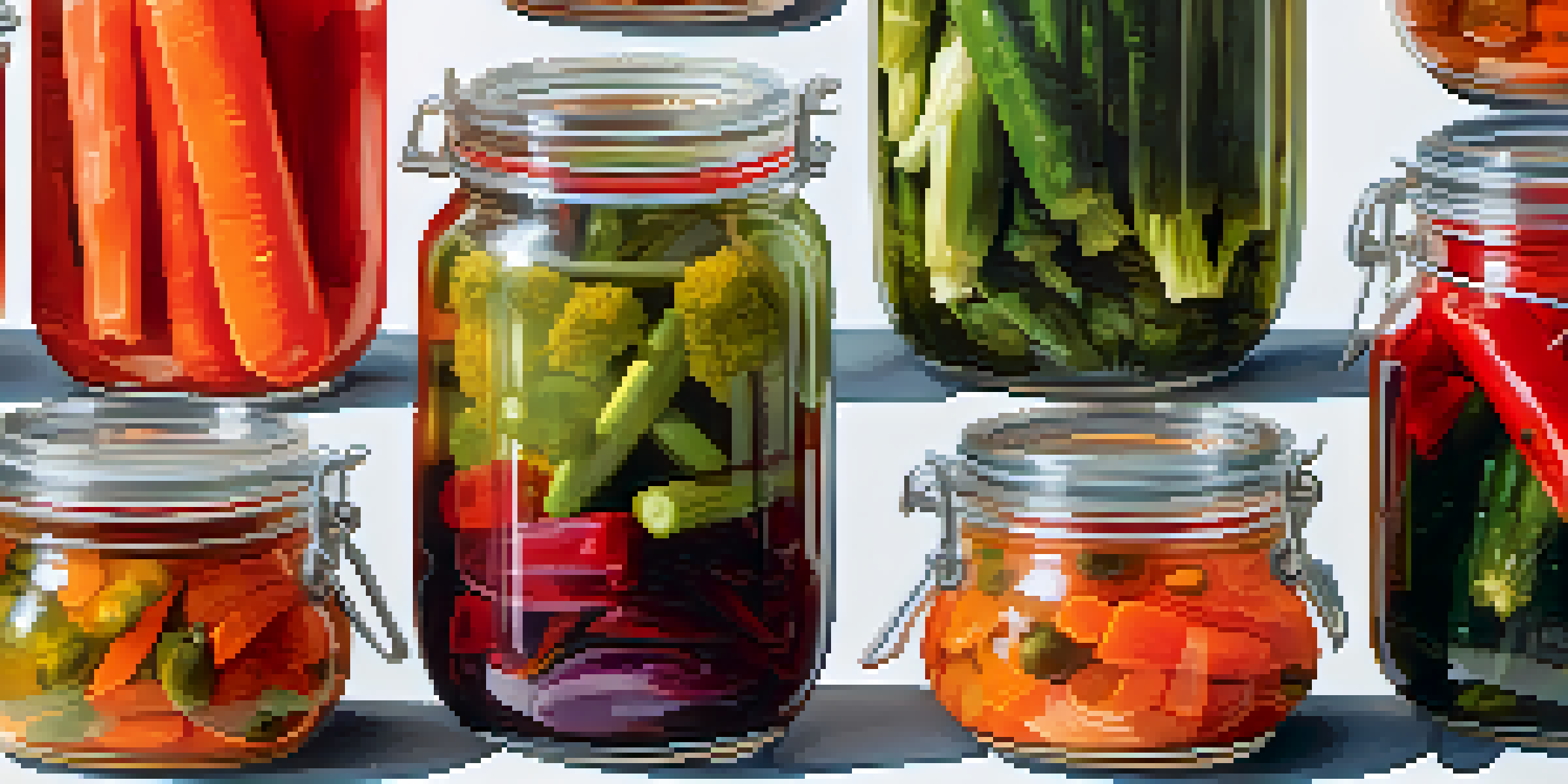 A close-up view of a jar of colorful pickled vegetables against a white background.