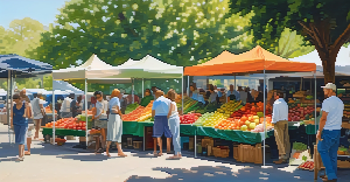 A bustling farmer's market with colorful fruits and vegetables, diverse people shopping and interacting with vendors under soft morning sunlight.