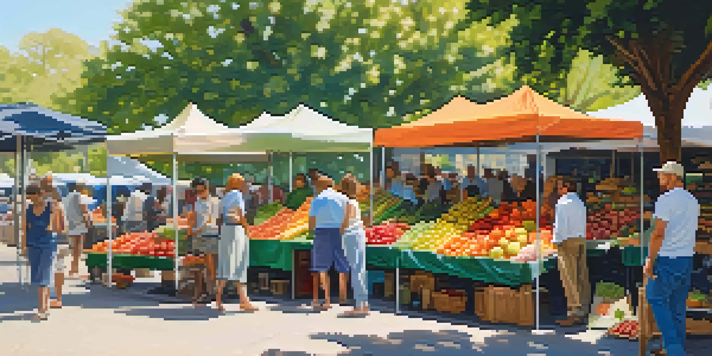 A bustling farmer's market with colorful fruits and vegetables, diverse people shopping and interacting with vendors under soft morning sunlight.