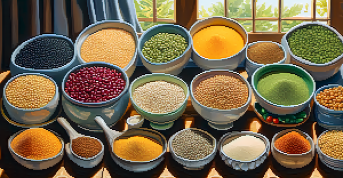 A wooden table with an assortment of plant-based proteins such as beans, lentils, and chickpeas, illuminated by soft sunlight.