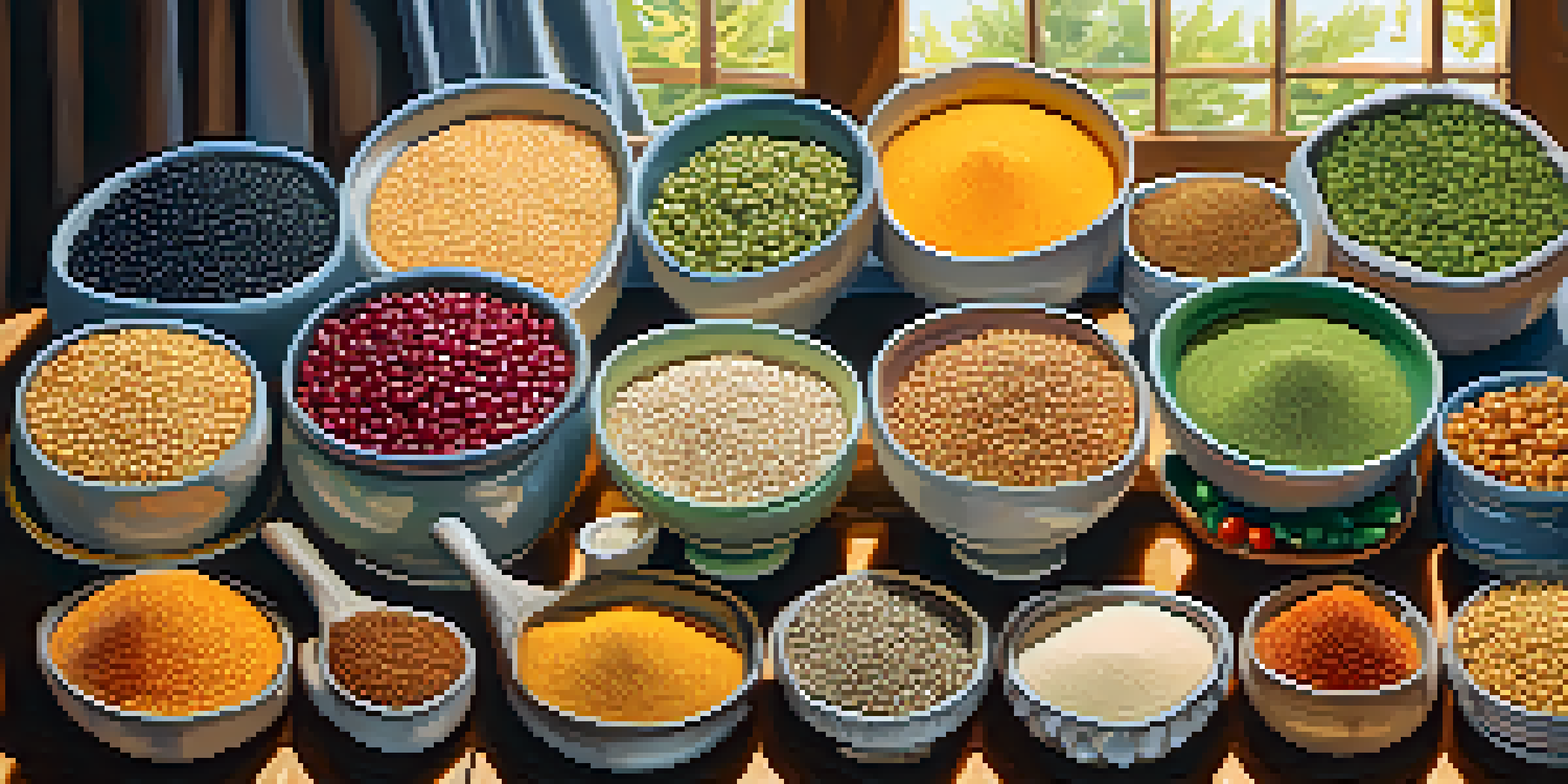 A wooden table with an assortment of plant-based proteins such as beans, lentils, and chickpeas, illuminated by soft sunlight.
