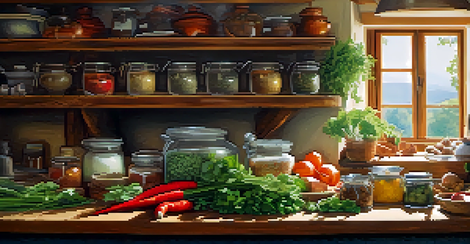 A cozy kitchen with a wooden table full of fresh vegetables and herbs, illuminated by natural sunlight.