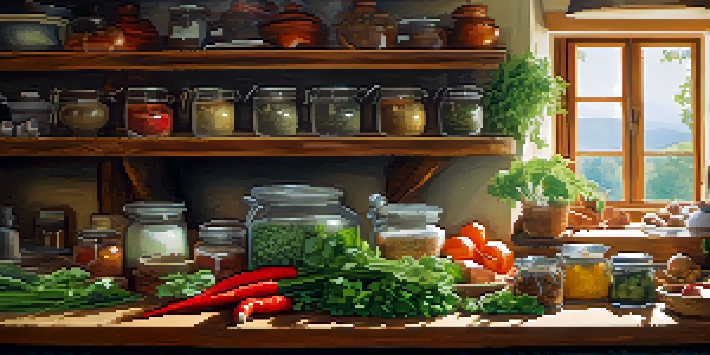 A cozy kitchen with a wooden table full of fresh vegetables and herbs, illuminated by natural sunlight.