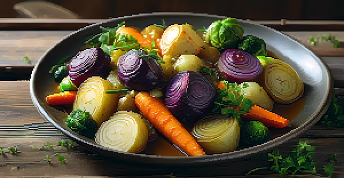 A plate of colorful braised vegetables including carrots, Brussels sprouts, and potatoes, presented on a wooden table with herbs and a wooden spoon.