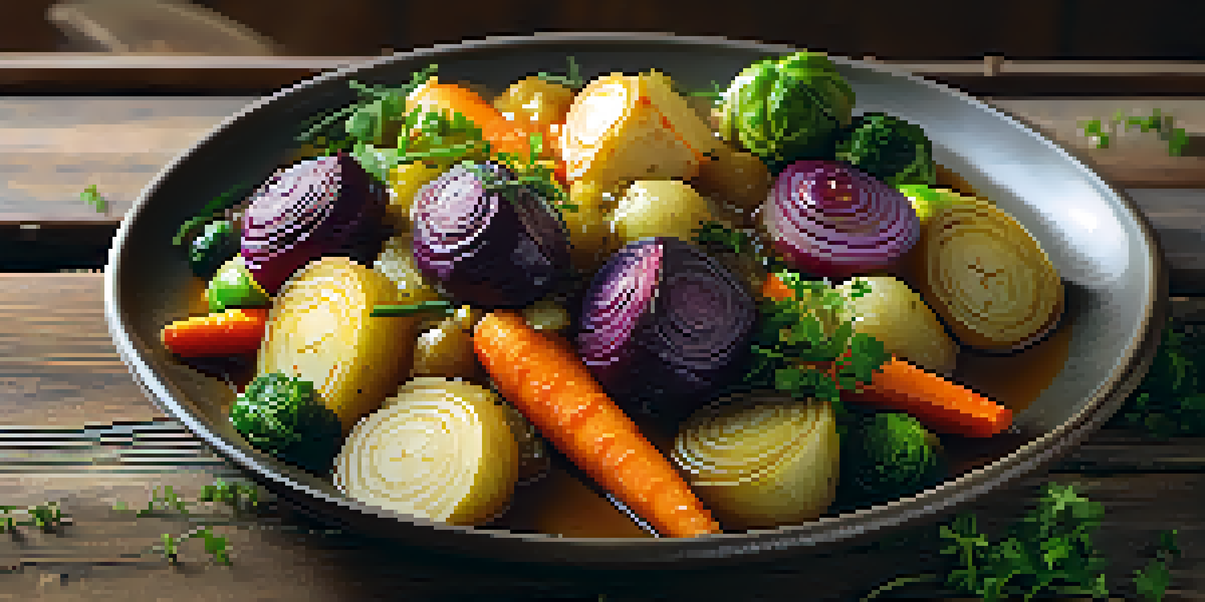 A plate of colorful braised vegetables including carrots, Brussels sprouts, and potatoes, presented on a wooden table with herbs and a wooden spoon.