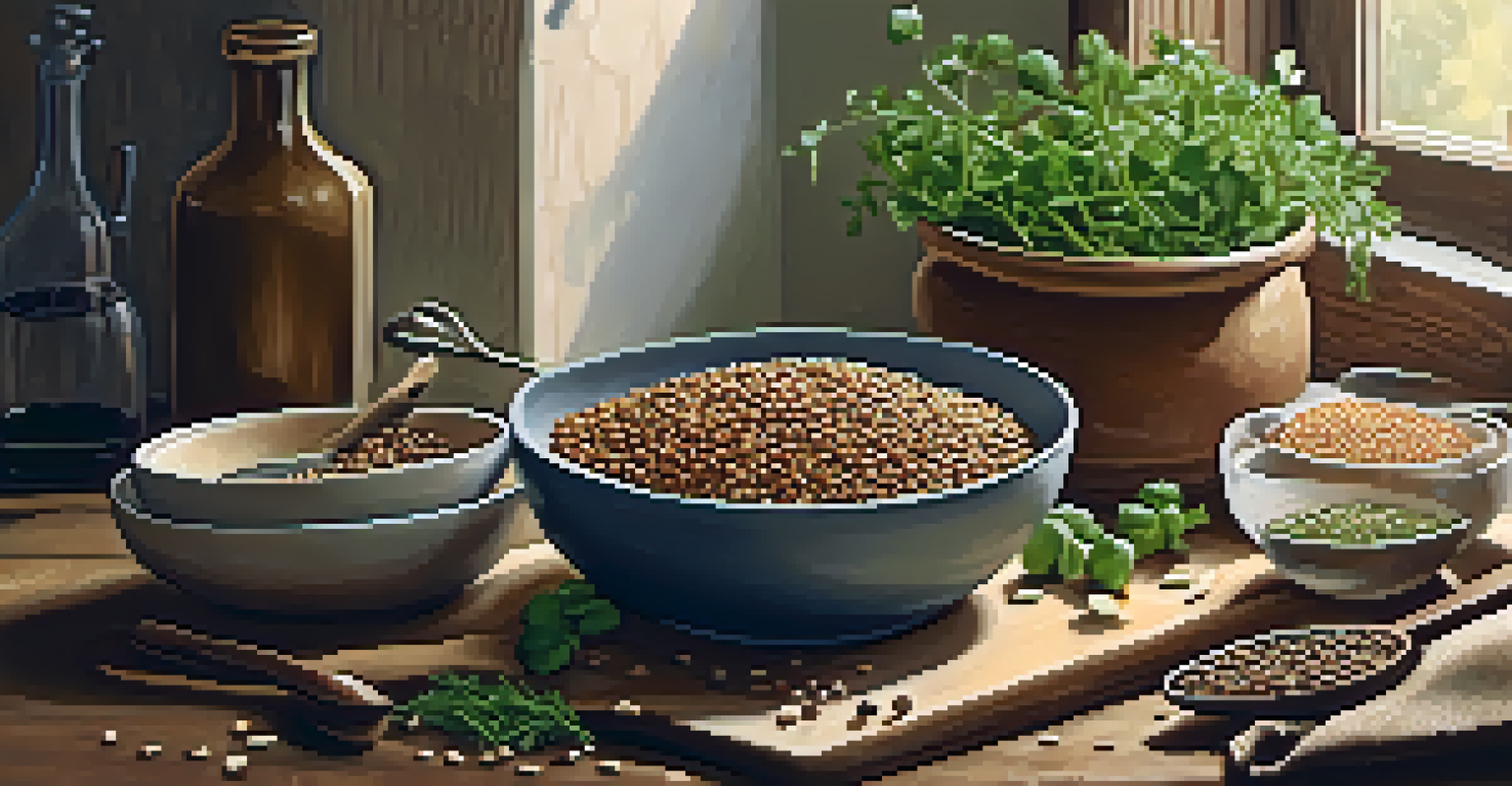 A rustic kitchen scene with a cutting board, a bowl of cooked lentils, fresh herbs, and scattered nuts and seeds.