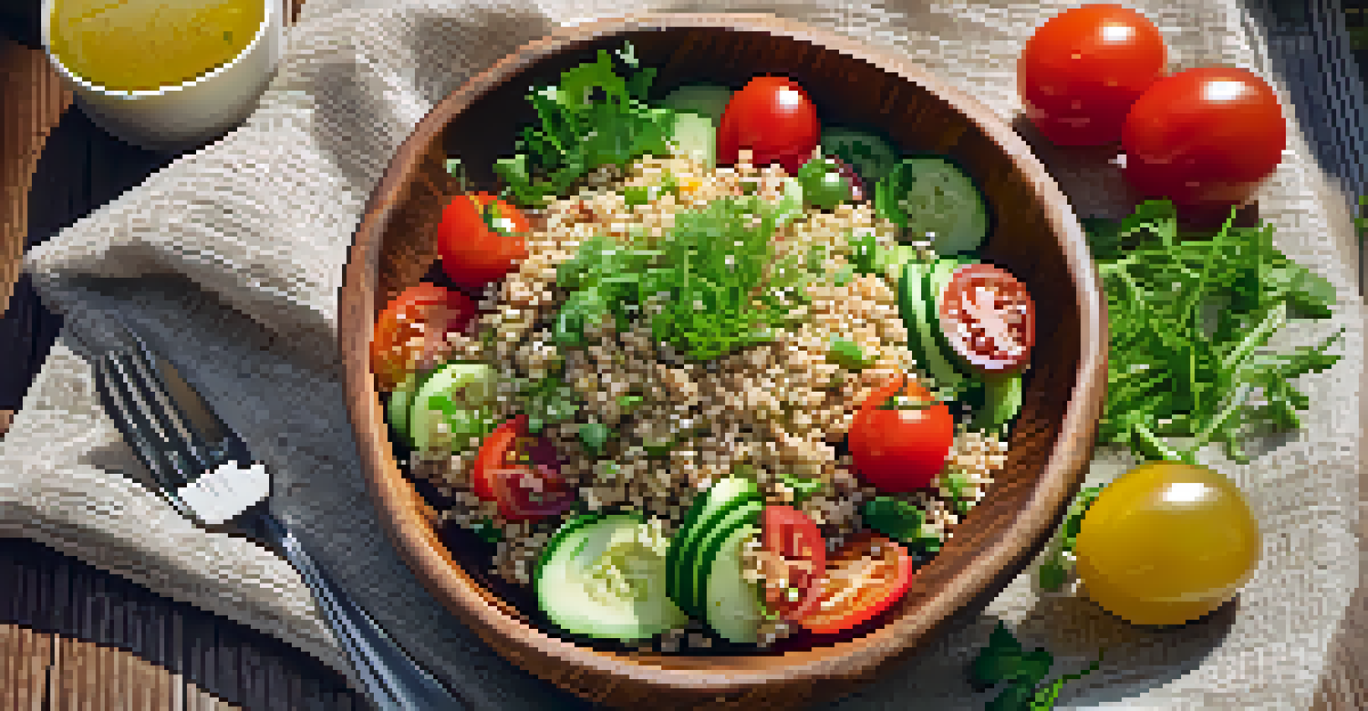A vibrant vegetarian grain salad made with organic ingredients, served in a rustic bowl, set in a sunny outdoor environment.