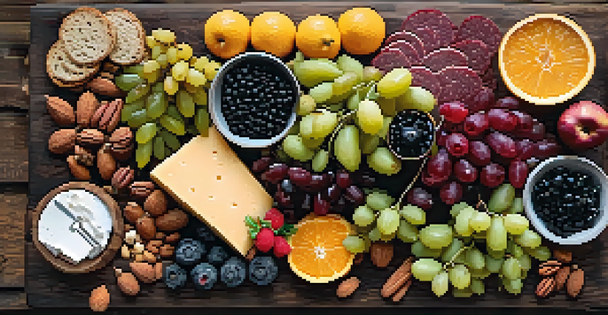 A colorful plant-based charcuterie board with fruits, nuts, olives, and plant-based cheeses on a wooden table.