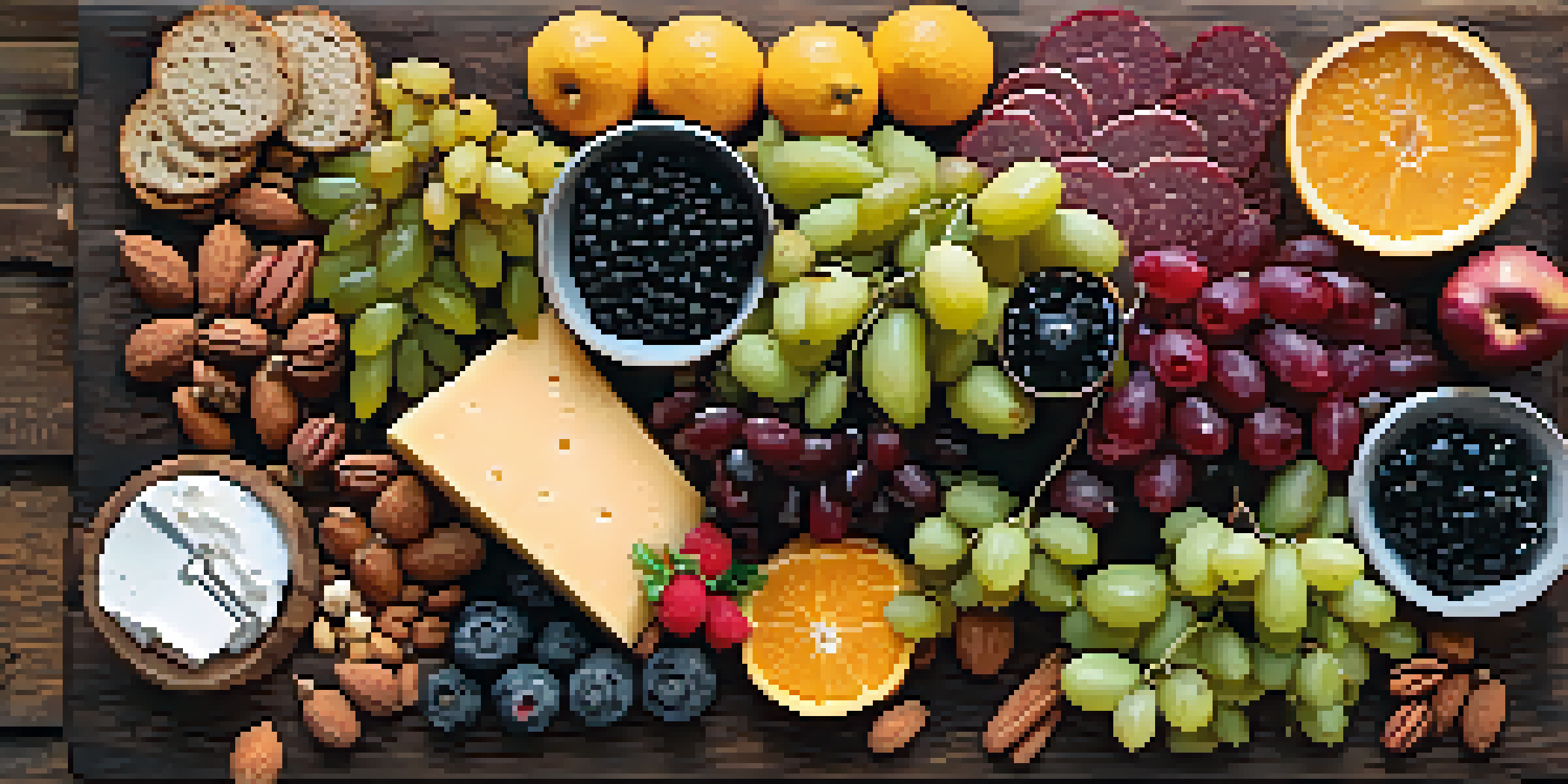 A colorful plant-based charcuterie board with fruits, nuts, olives, and plant-based cheeses on a wooden table.