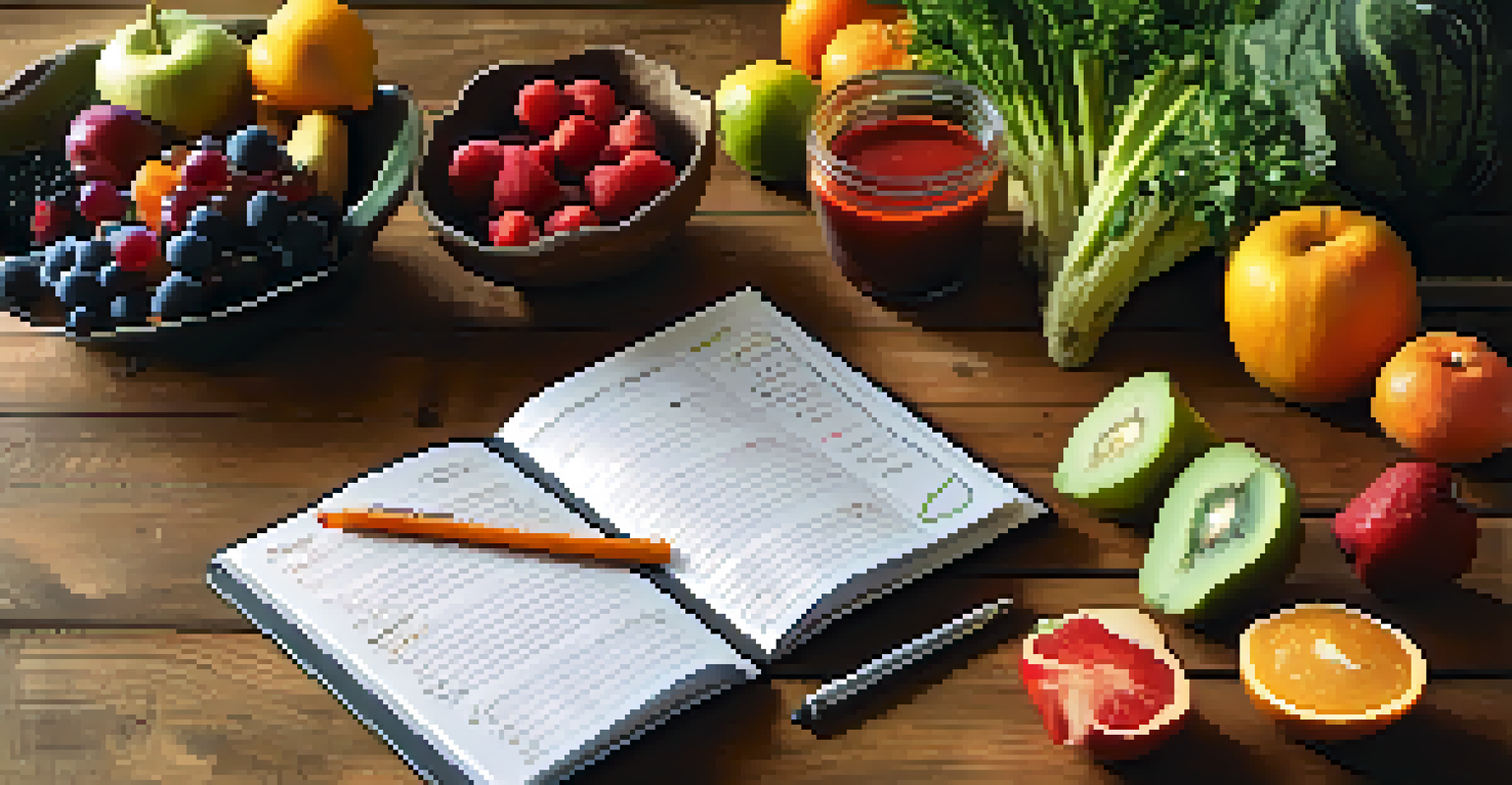 An overhead view of a weekly vegetarian menu planner with handwritten recipes and an assortment of fruits and vegetables on a wooden table.