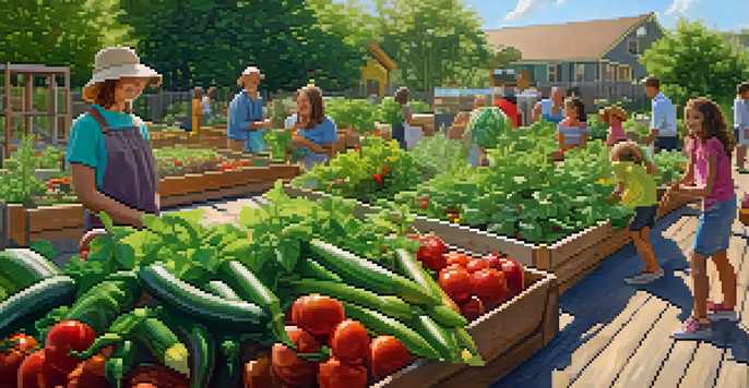 A lively community garden with diverse vegetables and herbs, featuring people of various ages working together in the garden.