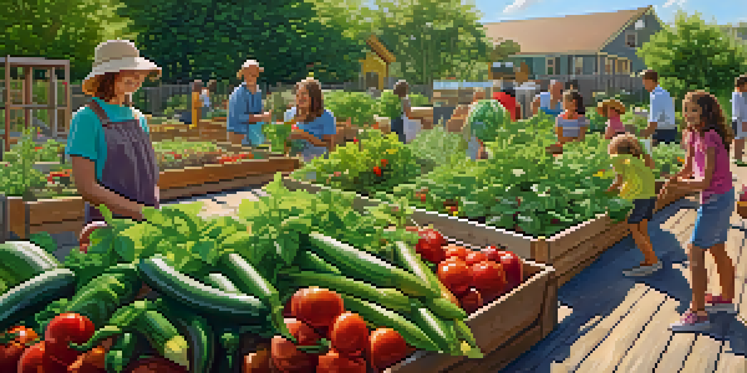 A lively community garden with diverse vegetables and herbs, featuring people of various ages working together in the garden.