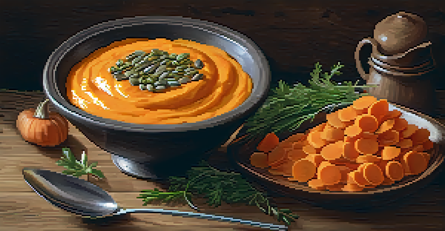 A bowl of creamy carrot purée garnished with seeds and olive oil on a rustic wooden table.