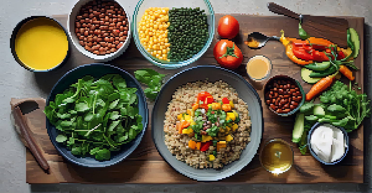 A meal prep scene with colorful vegetarian dishes organized in containers on a wooden table.