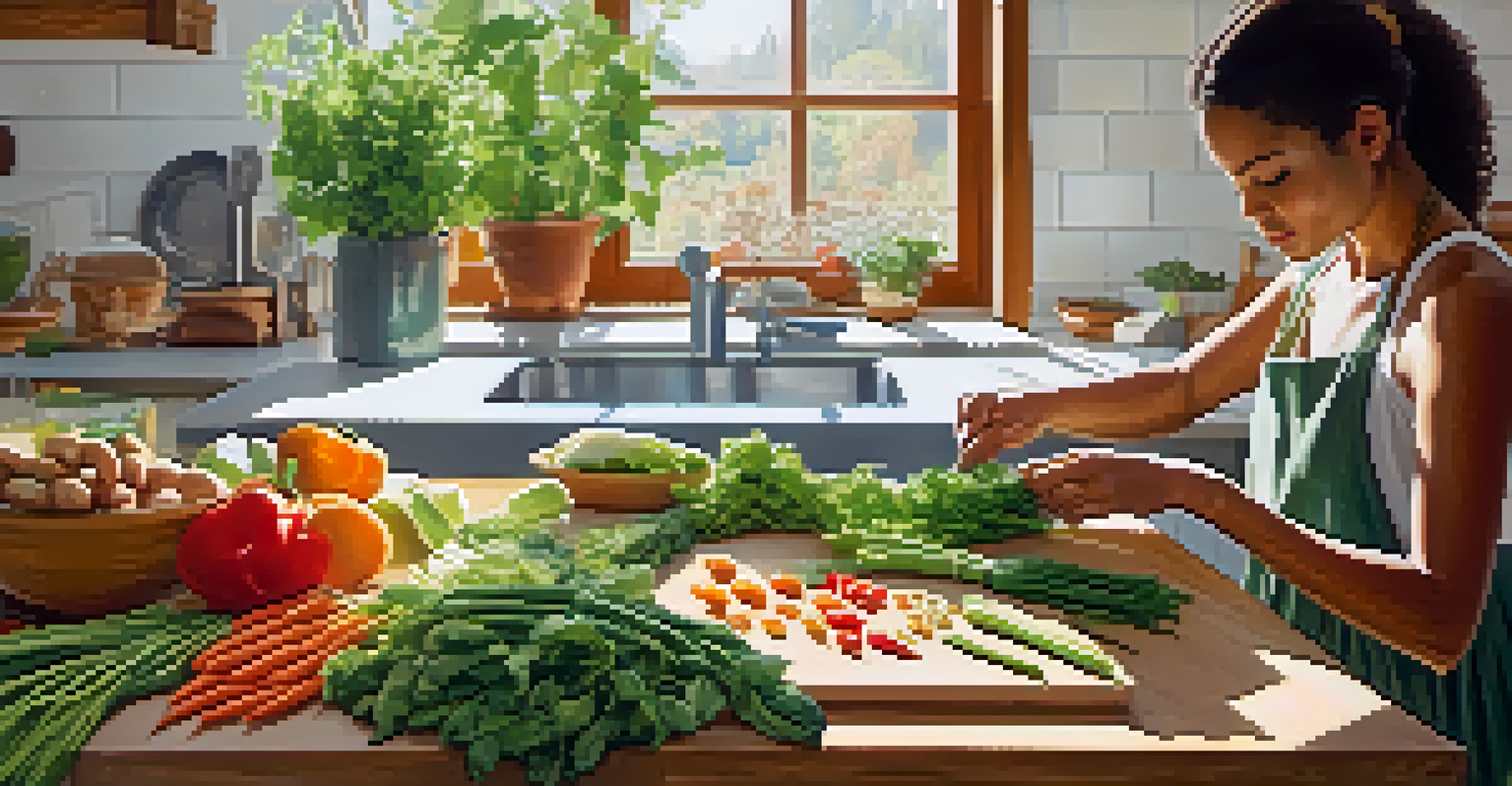 A person chopping vegetables in a bright kitchen, with various legumes and grains displayed on the counter.