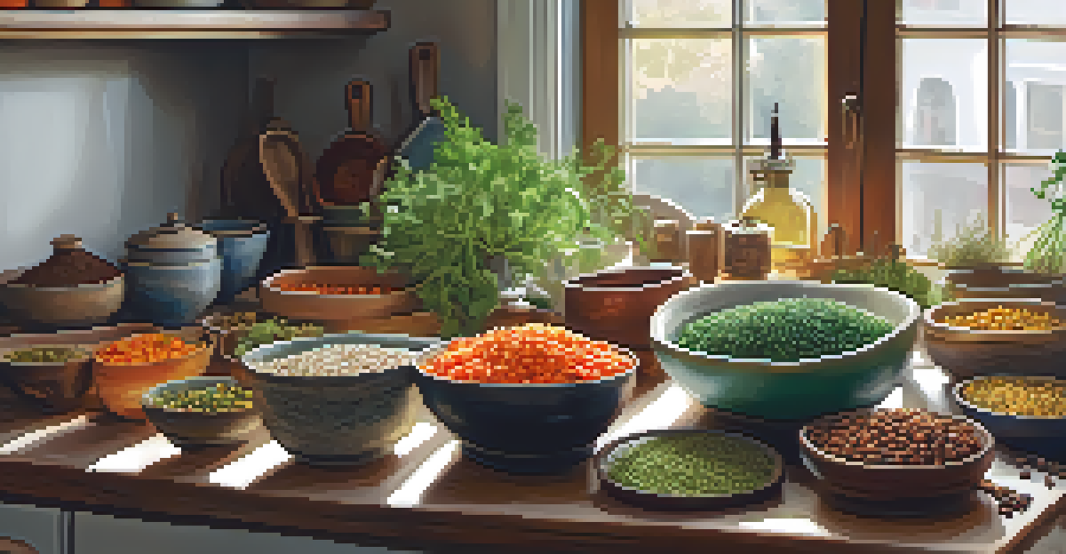 A cozy kitchen table filled with colorful meal-prepped vegetarian dishes, grains, legumes, and fresh herbs in soft natural light.
