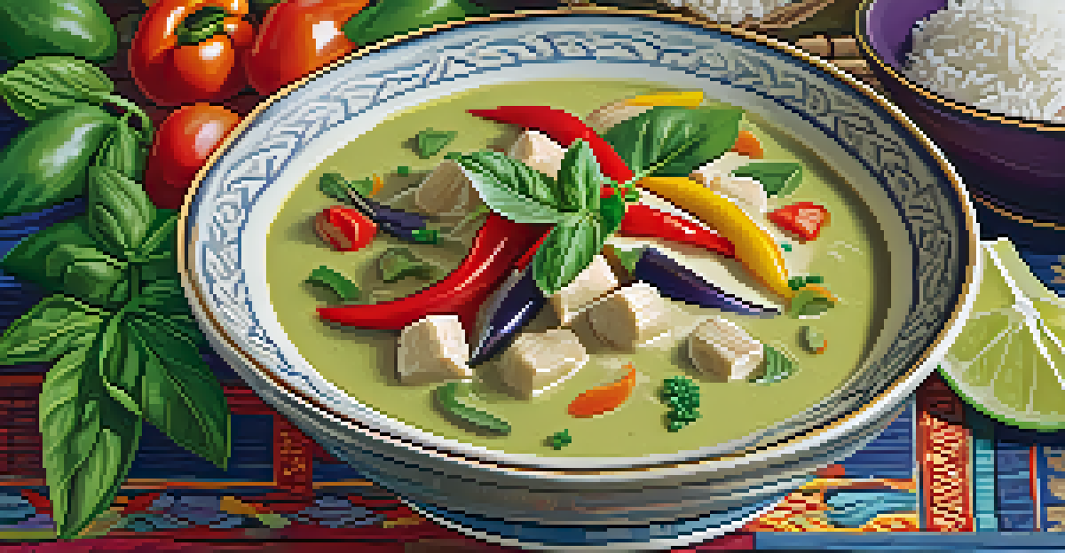 A bowl of Thai Green Curry with vegetables and jasmine rice, garnished with basil, set on a Thai fabric tablecloth.