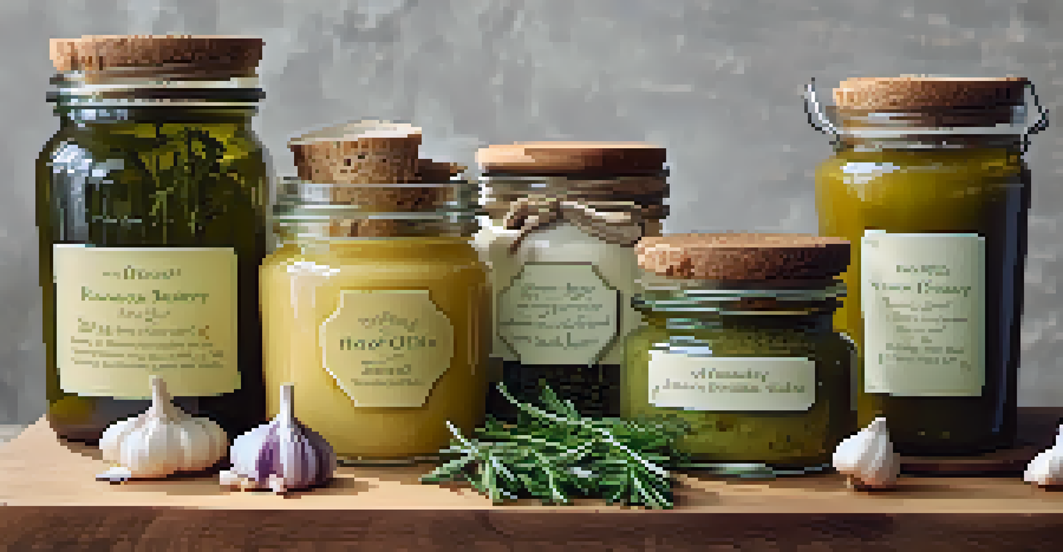 Small jars of herb-infused oils and butters on a wooden cutting board with fresh herbs and bread.