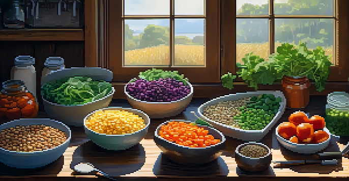 A vibrant vegetarian meal prep station with colorful chopped vegetables, grains, and legumes on a rustic wooden table, illuminated by natural light.