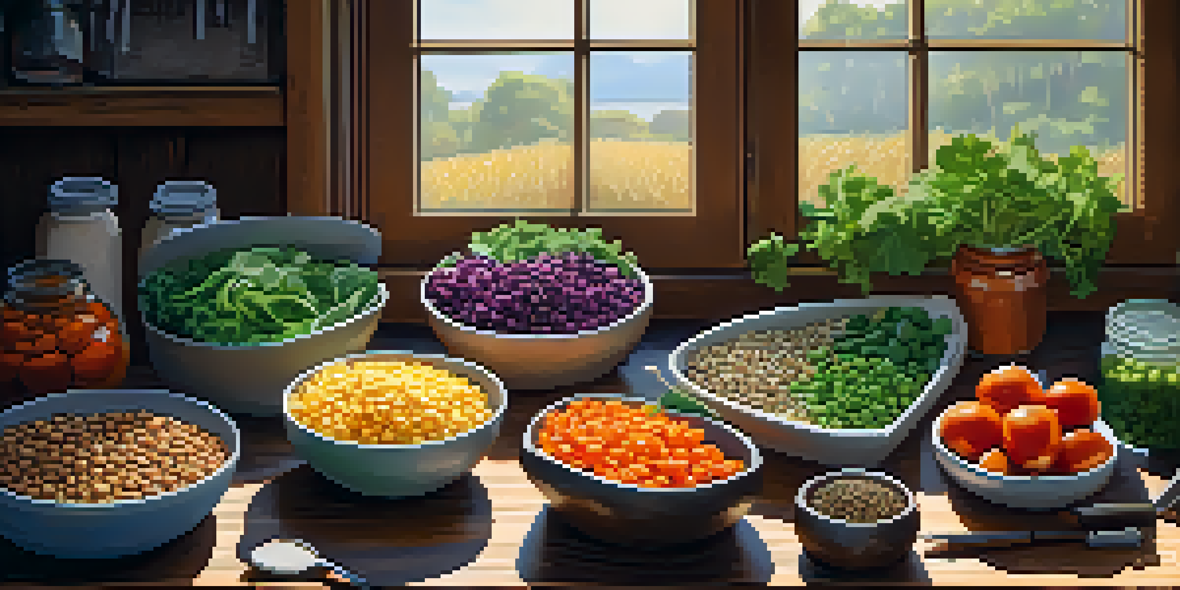 A vibrant vegetarian meal prep station with colorful chopped vegetables, grains, and legumes on a rustic wooden table, illuminated by natural light.