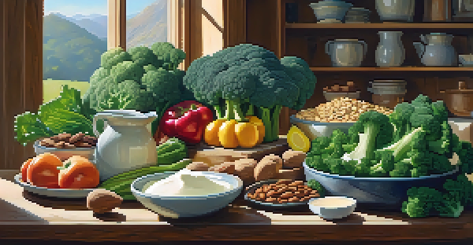 A colorful arrangement of kale, broccoli, almonds, and fortified plant milk on a wooden table, illuminated by natural sunlight, showcasing the textures and colors of the foods.