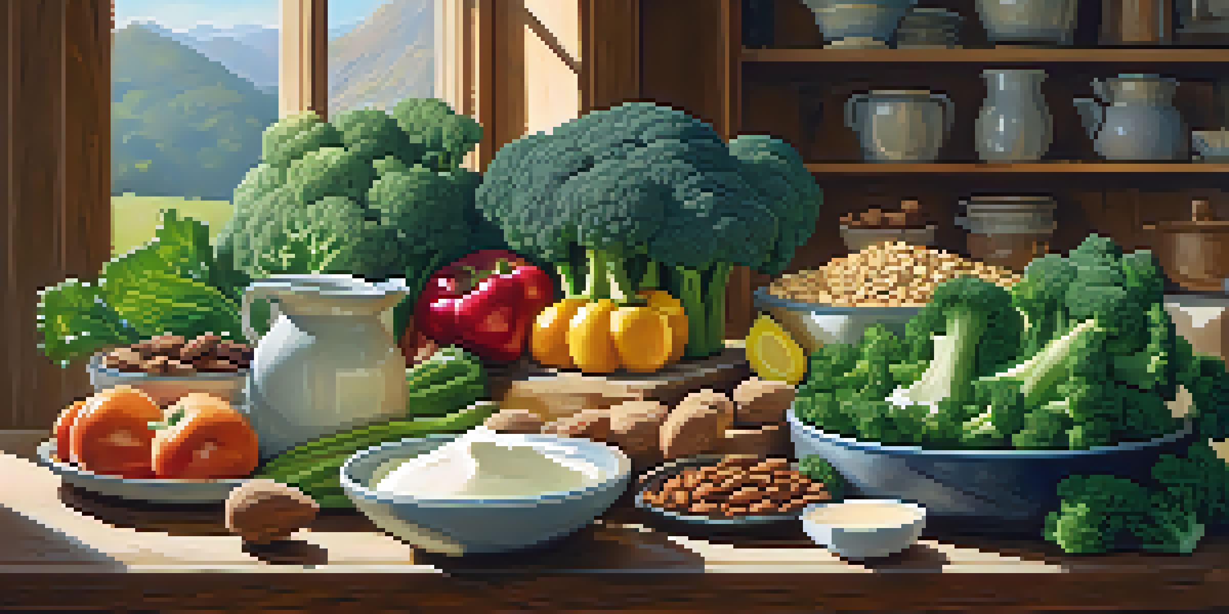 A colorful arrangement of kale, broccoli, almonds, and fortified plant milk on a wooden table, illuminated by natural sunlight, showcasing the textures and colors of the foods.