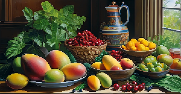 A variety of vegetarian foods including colorful fruits and leafy greens arranged on a wooden table, illuminated by soft natural light.