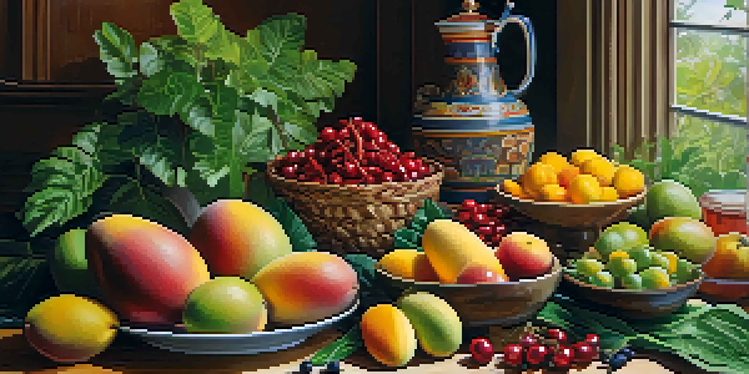 A variety of vegetarian foods including colorful fruits and leafy greens arranged on a wooden table, illuminated by soft natural light.