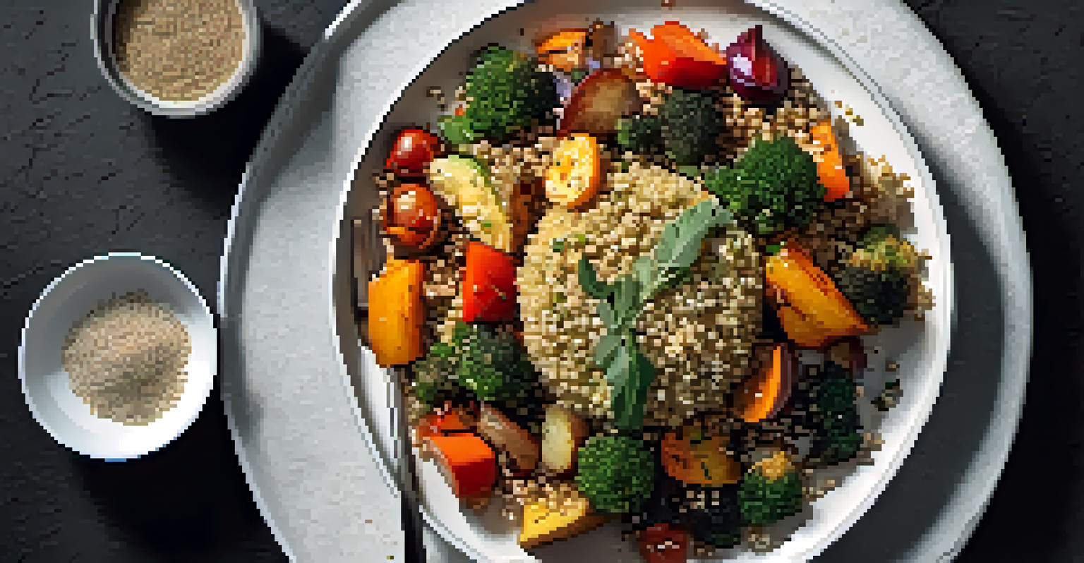 An overhead view of a vegetarian meal with quinoa and roasted vegetables on a dark background.