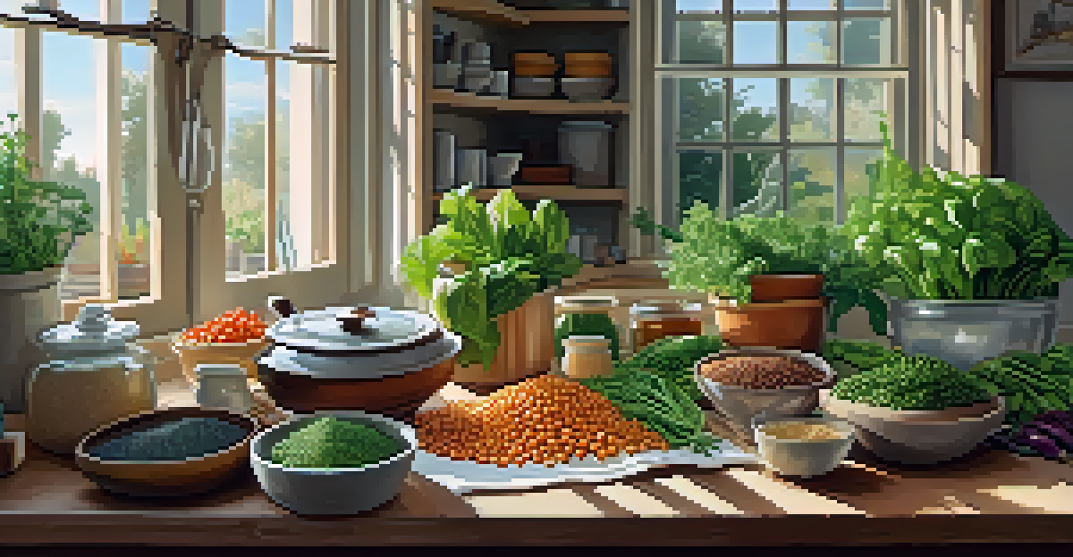 A cozy kitchen table featuring various plant-based ingredients and an open cookbook in a well-lit setting.