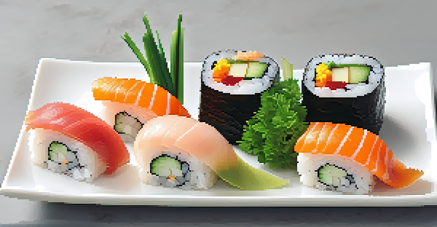 A plate of colorful vegetarian sushi with fresh vegetables, garnished elegantly, highlighting the beauty of plant-based cuisine.