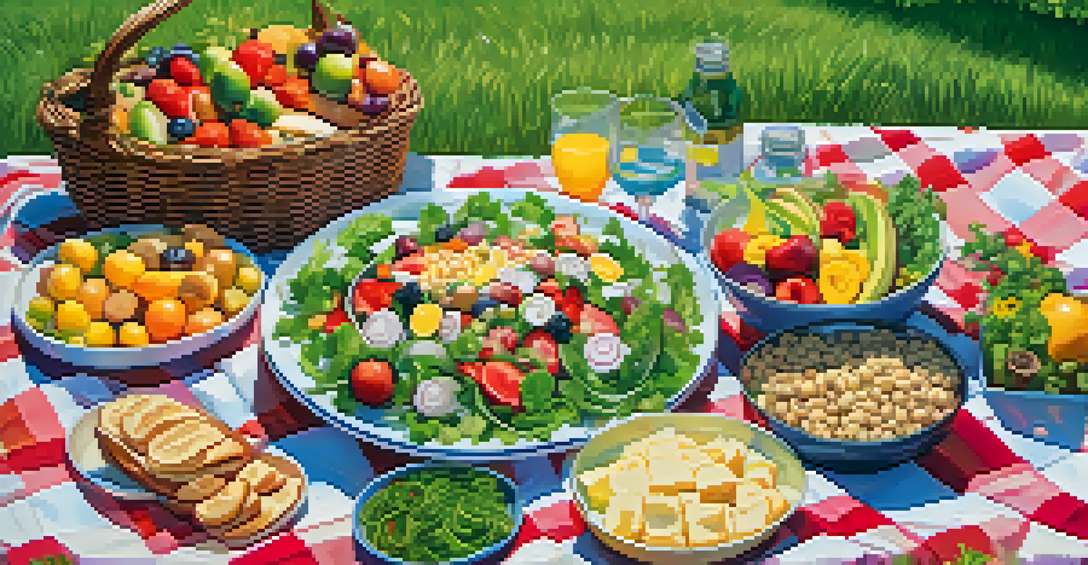 An outdoor picnic scene with a variety of colorful vegetarian dishes on a blanket in a green park.