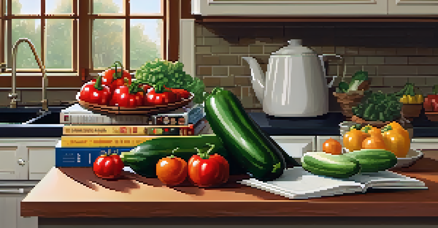 A cozy kitchen with a stack of vegetarian cookbooks and a bowl of fresh vegetables on the countertop, illuminated by warm ambient light.