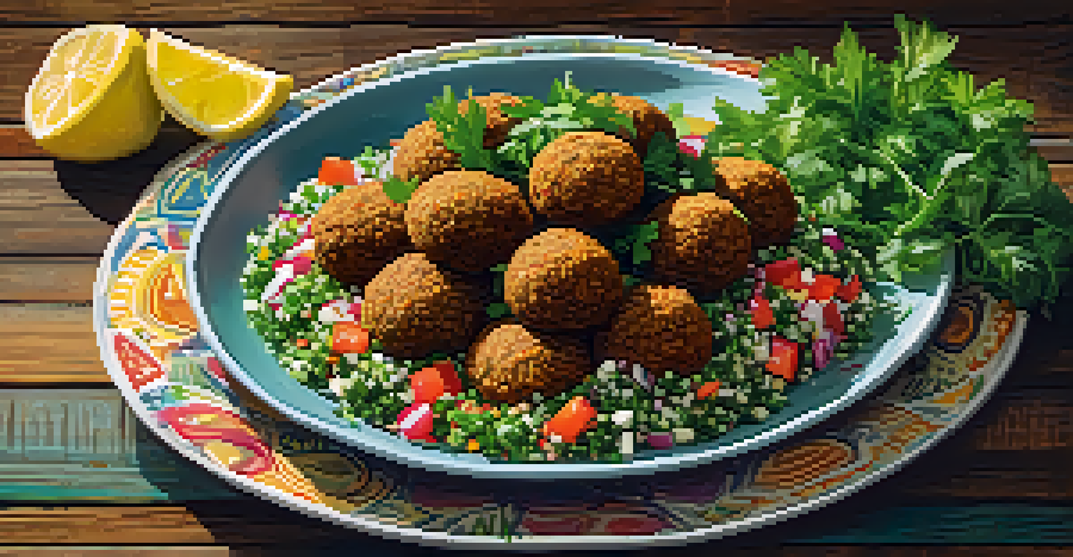 A close-up of a plate featuring falafel and tabbouleh with fresh herbs and lemon.