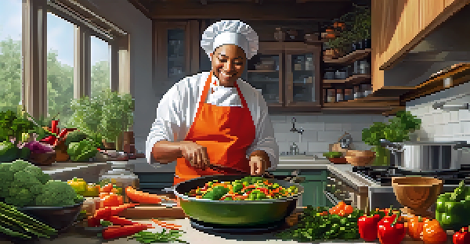 A beginner cook joyfully preparing a colorful vegetarian stir-fry in a vibrant kitchen filled with fresh vegetables and natural light.